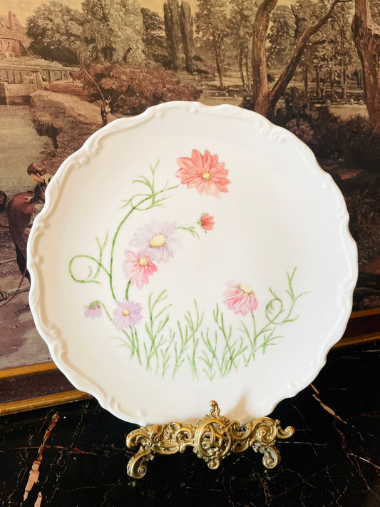 vintage floral porcelain plate, hand-painted cosmos plate, English cottagecore decor, pastel wildflower plate, shabby chic home decor, romantic floral crockery, collectible vintage dinnerware, thrift finds Pakistan, floral porcelain England, feminine cottage aesthetic