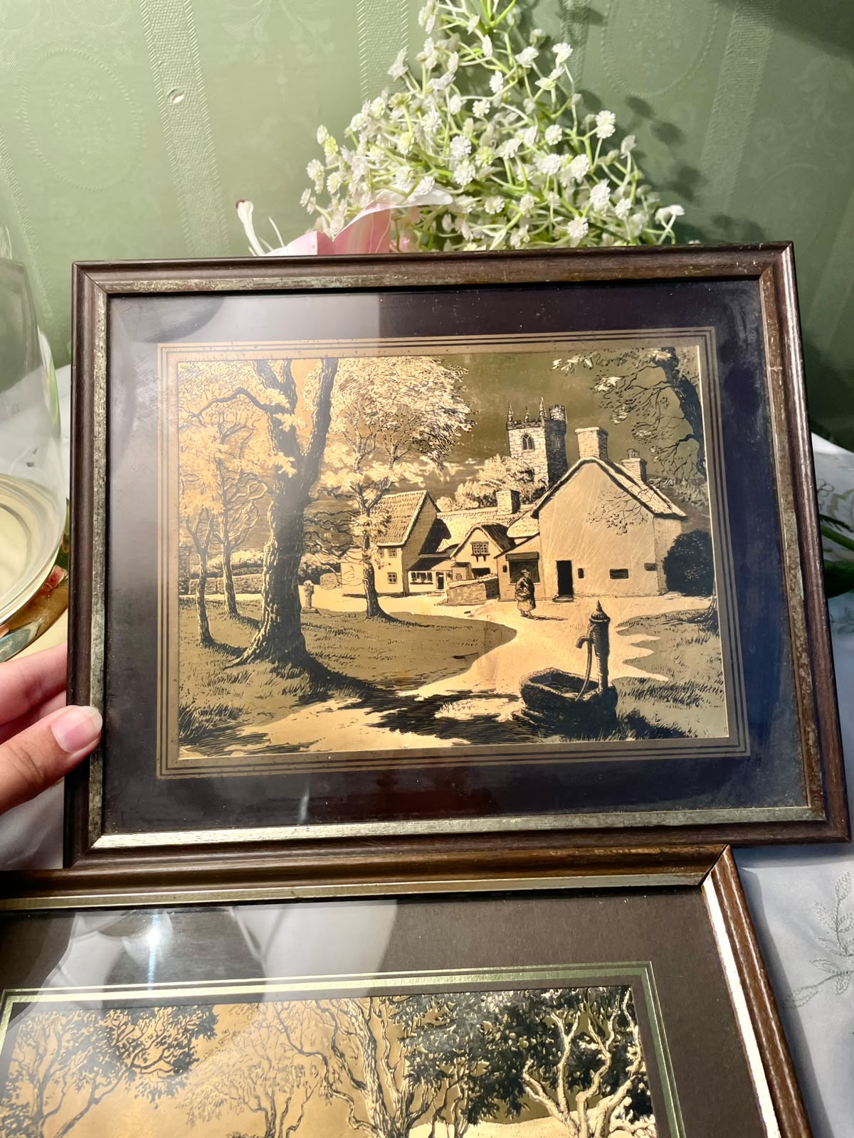 Vintage English Countryside Brass Etched Frames Pair Approx. 11 Inch