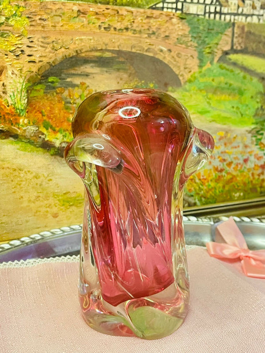 Vintage Czech Bohemian Chribska Art Glass Candle Holder – Pink by Josef Hospodka