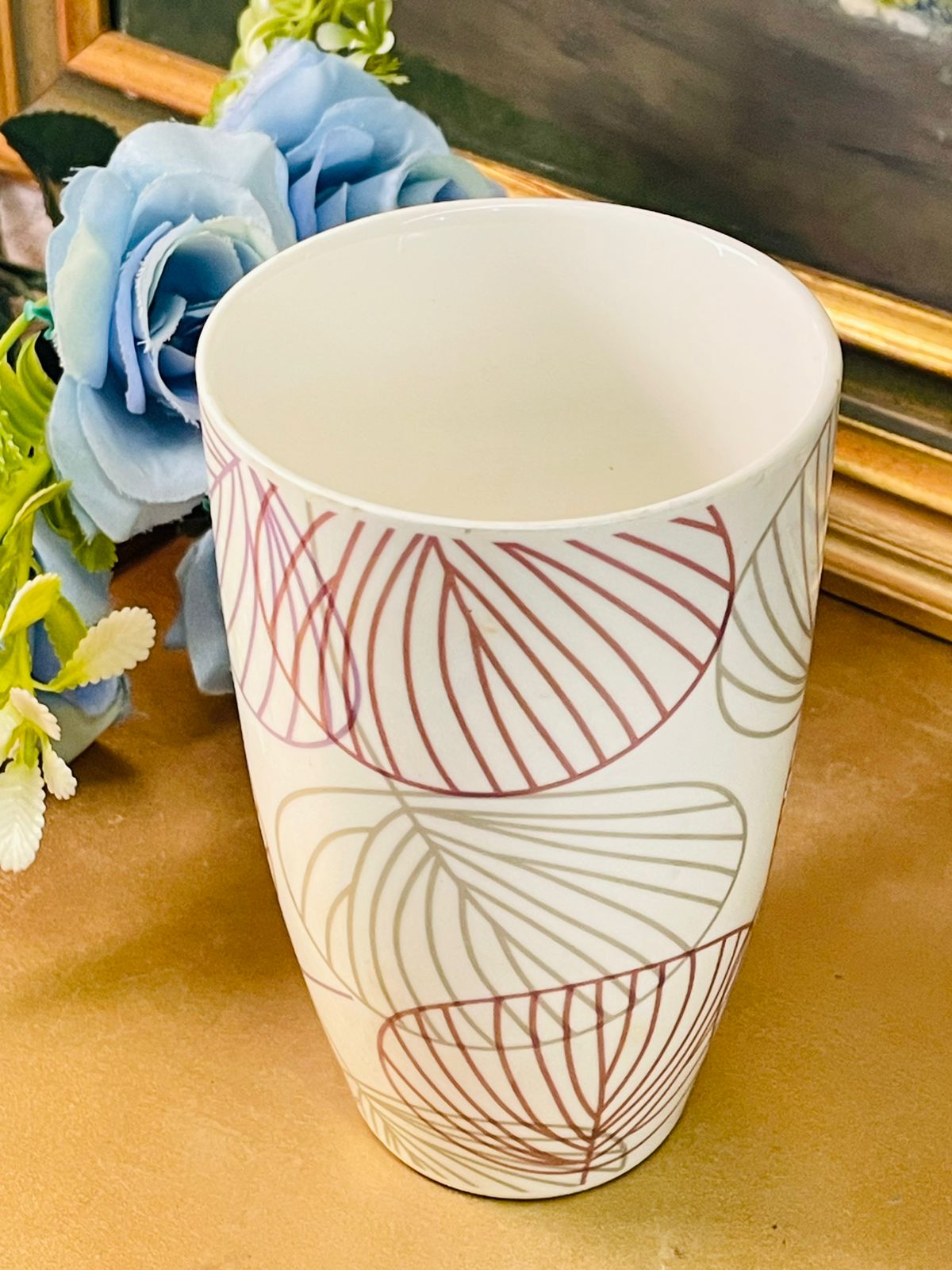 Tall Botanical Line Art Ceramic Mug in Soft Mauve