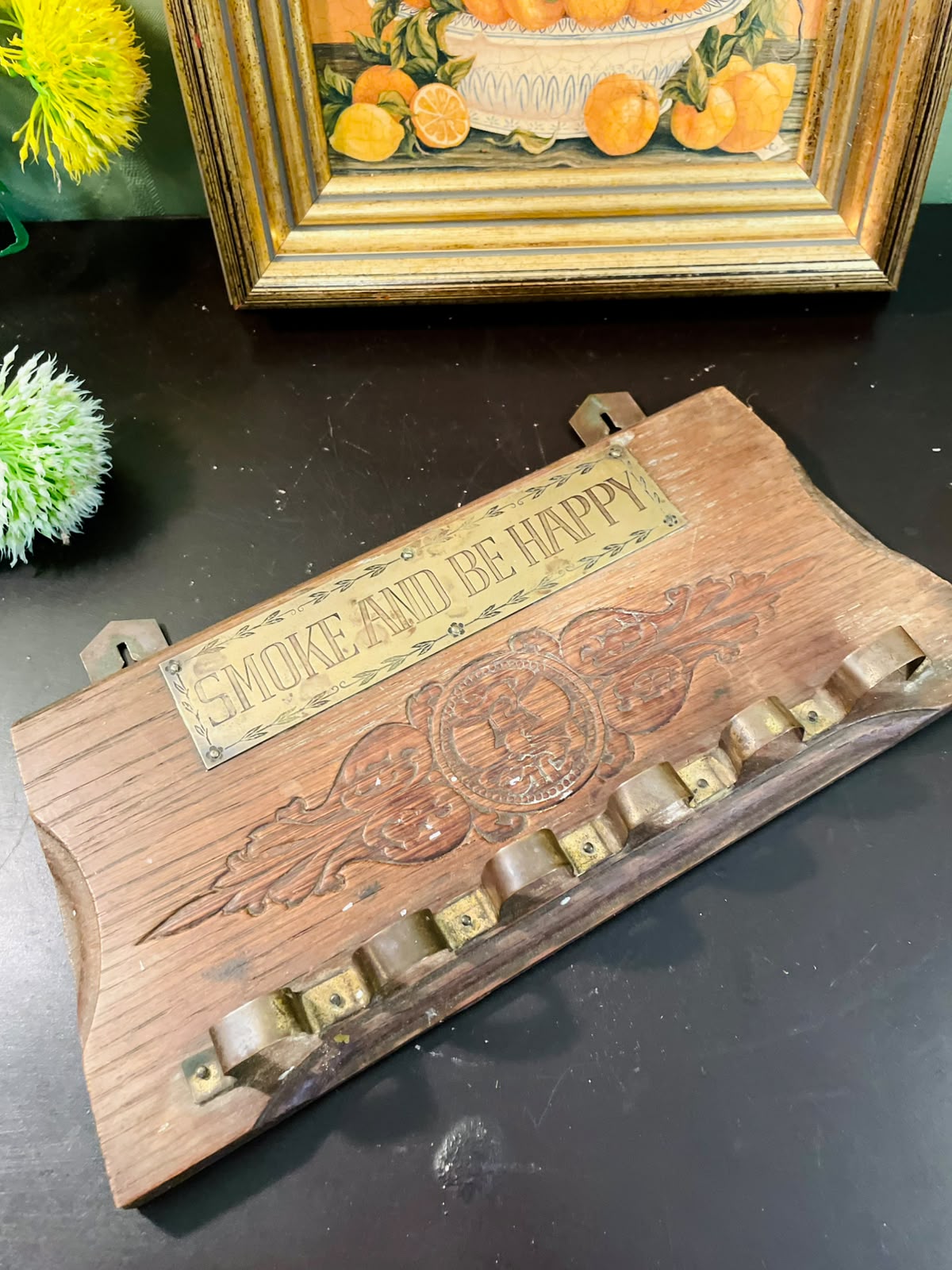 Vintage Wooden Pipe Rack & Tobacco Holder Wall Mount 11 Inch