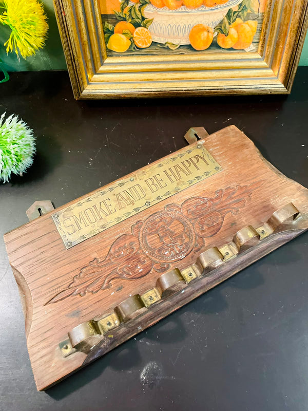 Vintage Wooden Pipe Rack & Tobacco Holder Wall Mount 11 Inch