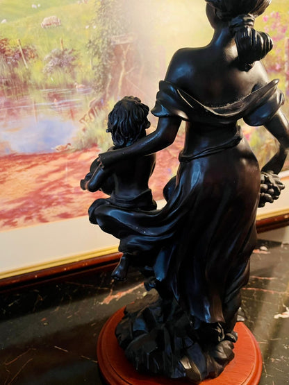 Rare find - Elegant Bronze-Style Woman & Child Figurine on Wooden Base, Stoneware Sculpture, Home Decor