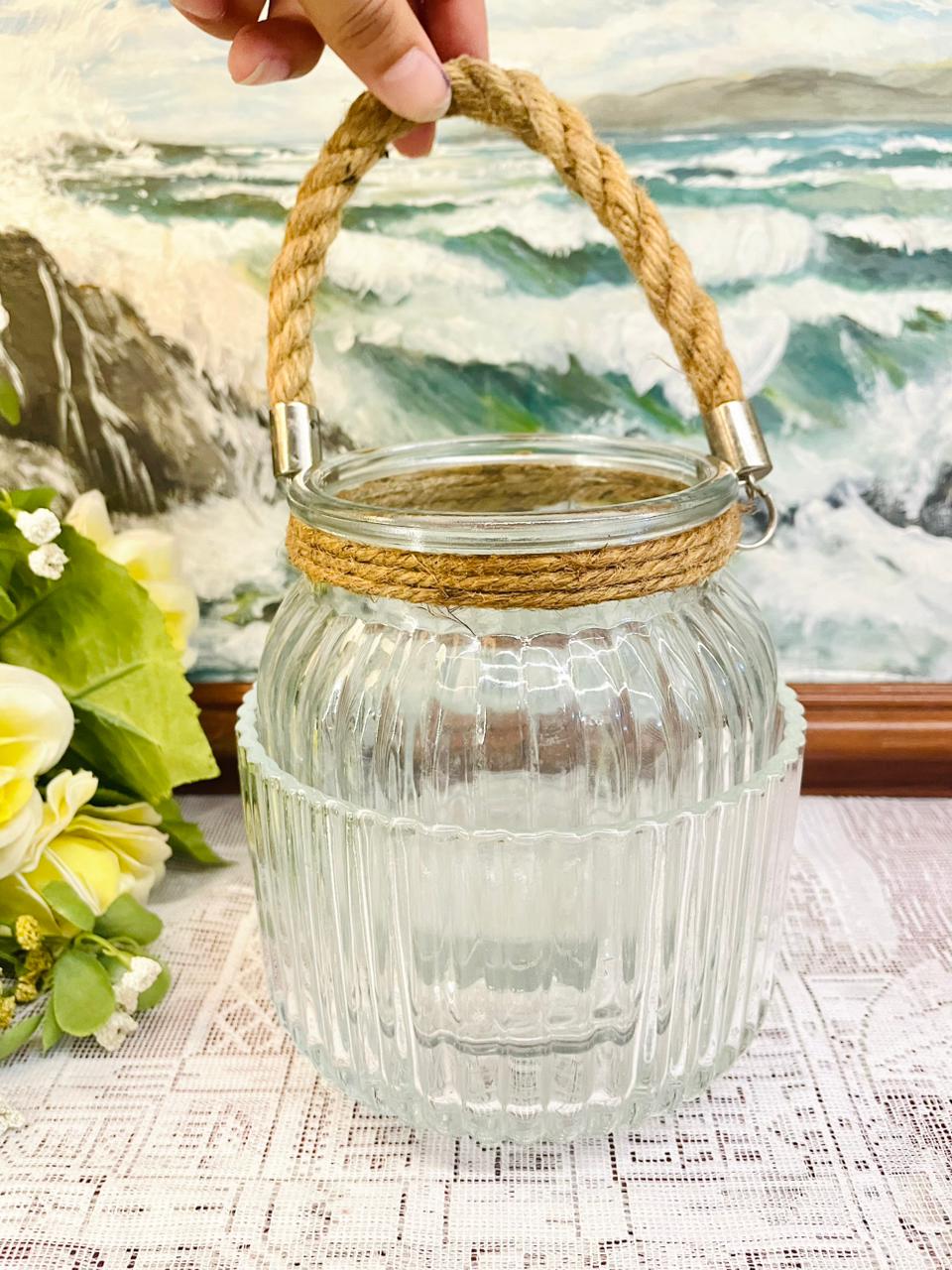Ribbed Glass Lantern With Rope Handle