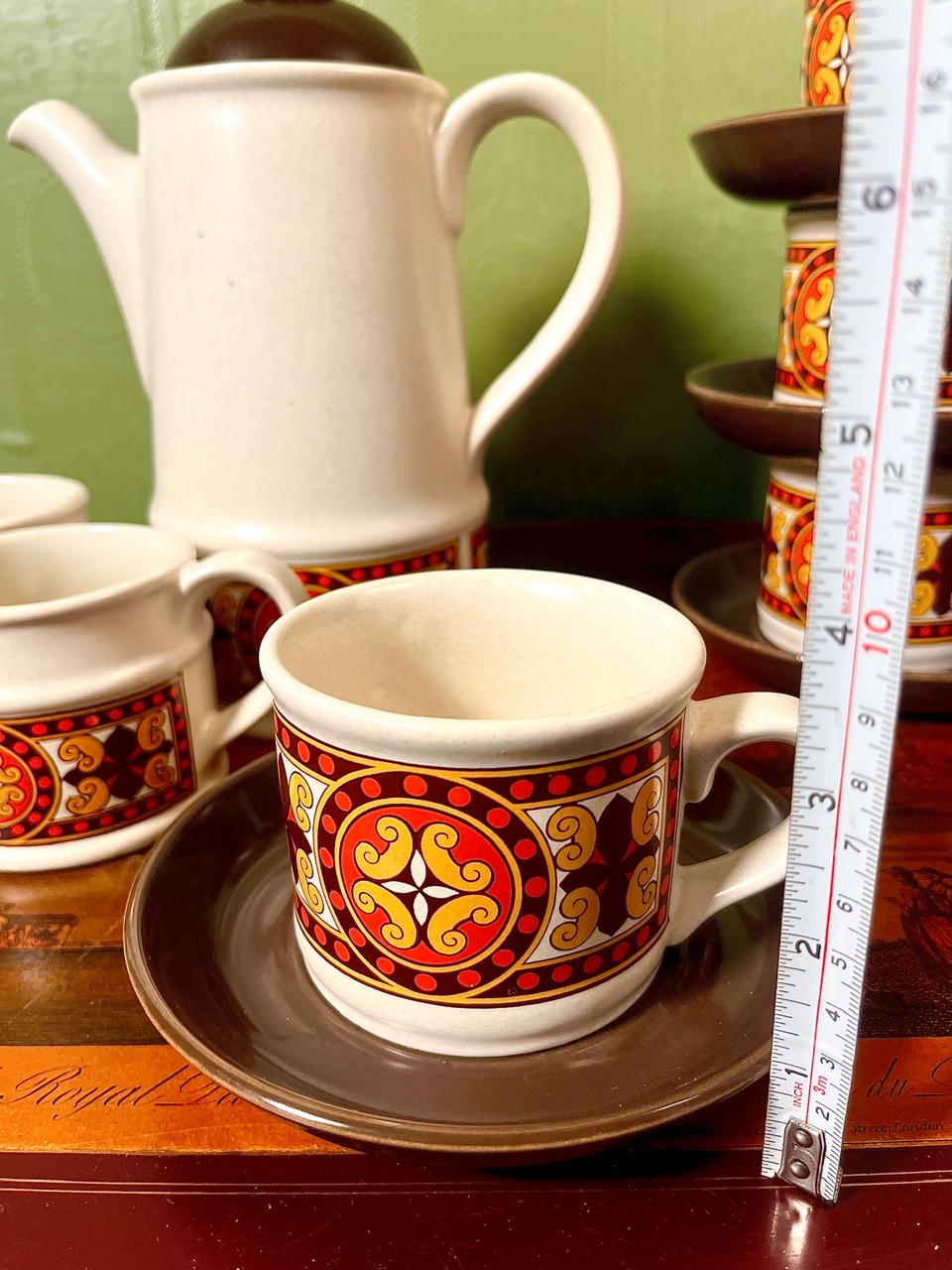 Vintage Stoneware Tea Set | 11 Pieces | Retro Geometric Pattern
