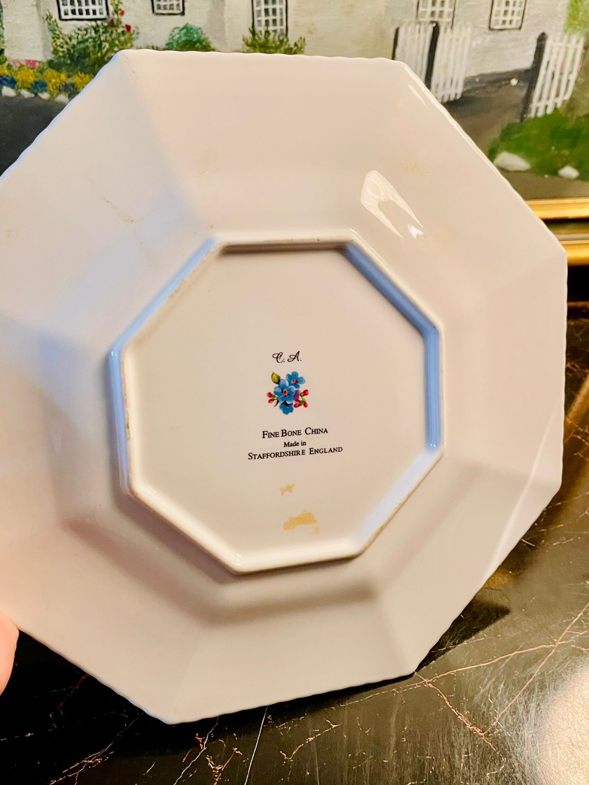 Staffordshire Fine Bone China Octagonal Plate – Blue Forget-Me-Not Floral Design, Made in England