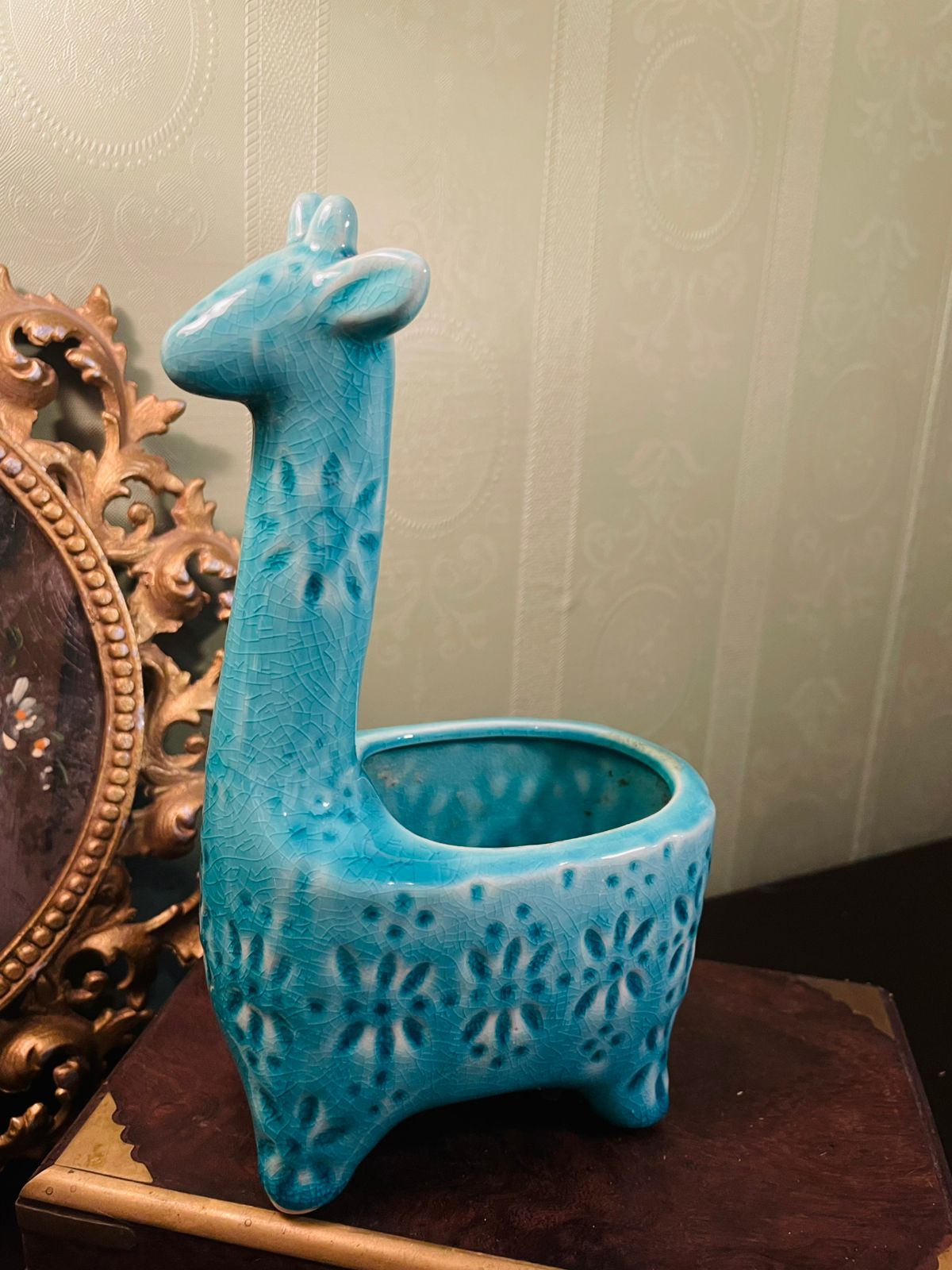 Blue Ceramic Giraffe Planter 8 Inch Animal Decor