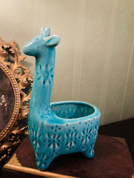 Blue Ceramic Giraffe Planter 8 Inch Animal Decor