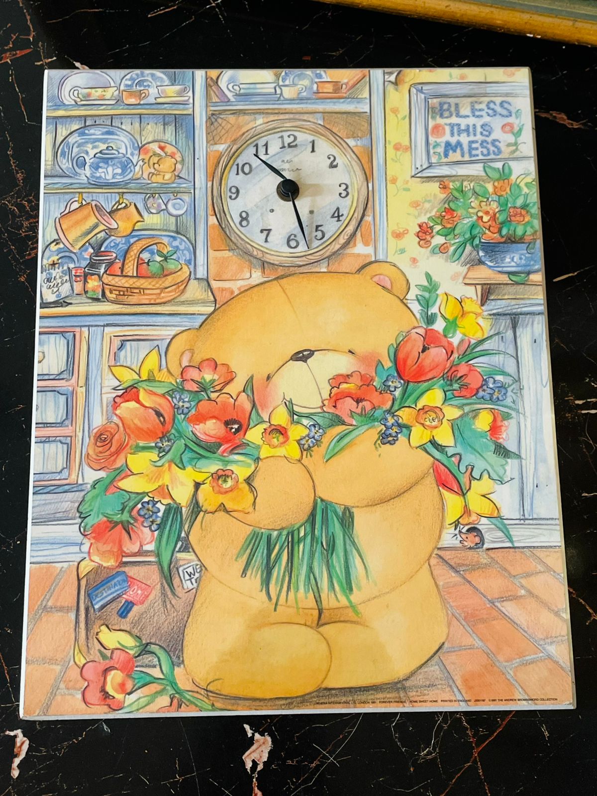 Vintage Teddy Bear Wall Clock – Floral Cottage Kitchen Artwork