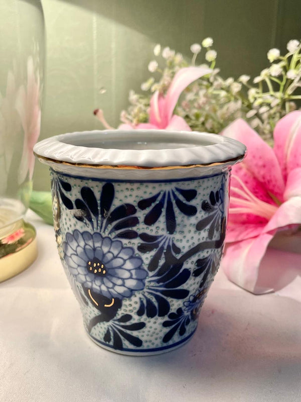Blue Floral Ceramic Planter with Gold Detail 4.5 in