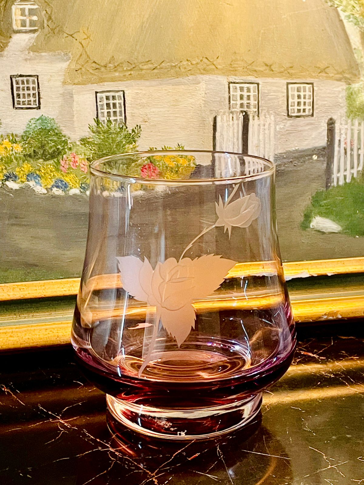 Crystal Glass, Etched Rose Glass, Purple Glassware, Vintage Drinking Glass, Floral Design Glass, English Crystal, Collectible Glass, Elegant Barware, Decorative Glass, Vintage Home Decor