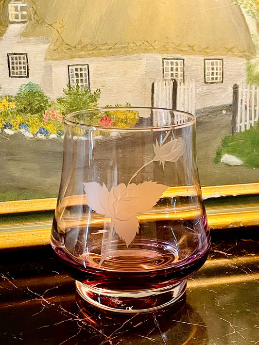 Crystal Glass, Etched Rose Glass, Purple Glassware, Vintage Drinking Glass, Floral Design Glass, English Crystal, Collectible Glass, Elegant Barware, Decorative Glass, Vintage Home Decor