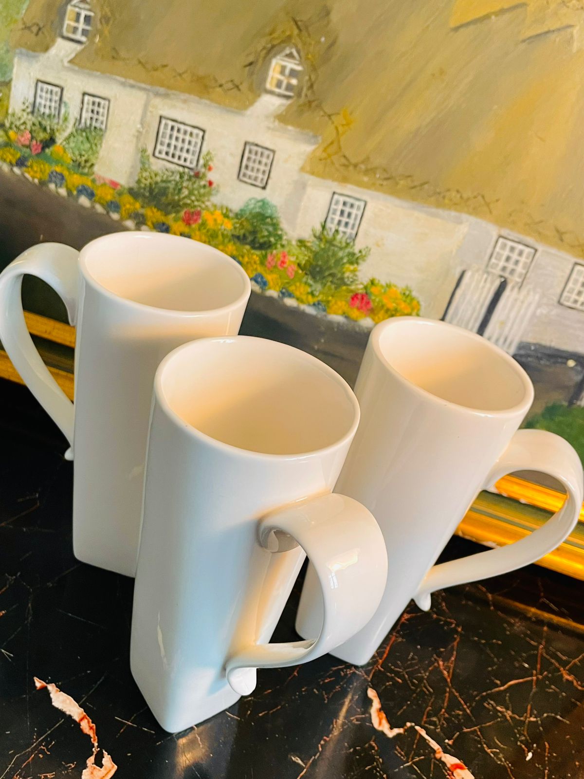 PAUSA Tall White Coffee Mugs – Modern Square Base Set of 3