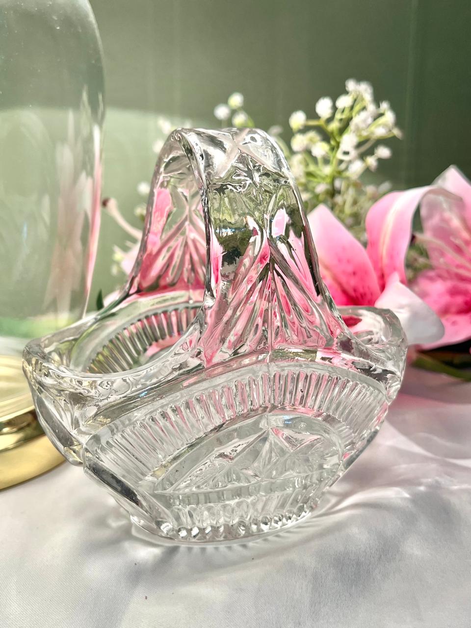 Vintage Clear Crystal Basket with Handle – 7 x 5.5 Inch
