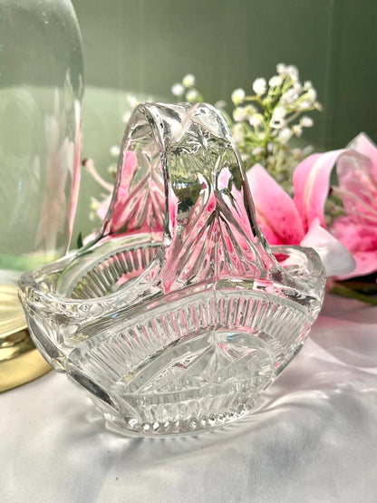 Vintage Clear Crystal Basket with Handle – 7 x 5.5 Inch