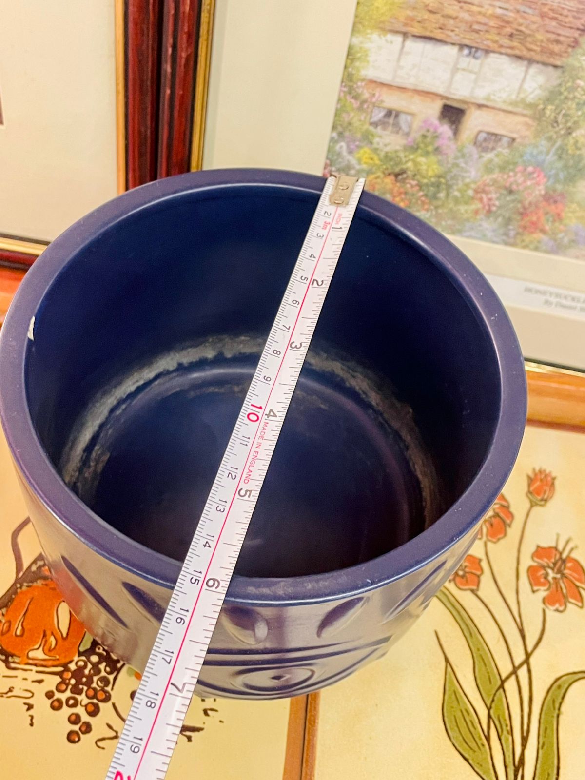 Navy Blue Ceramic Planter Pot with Embossed Eye Motif – Medium Size