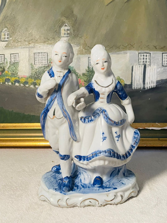 Colonial Victorian Couple Porcelain Figurine – Cobalt Blue & White – Vintage Decorative Statue