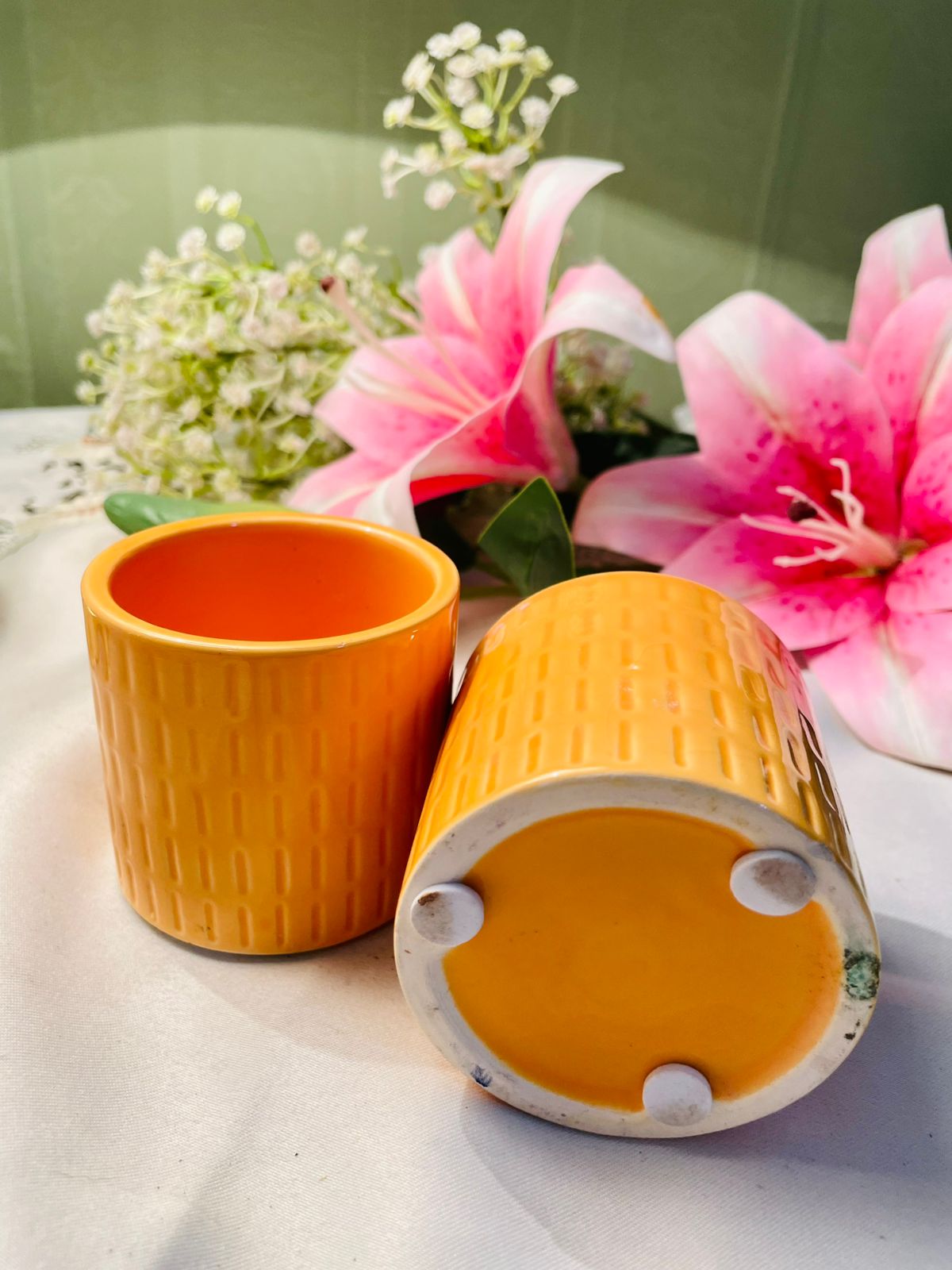 Orange Textured Ceramic Mini Planters 2pc Set 3 in