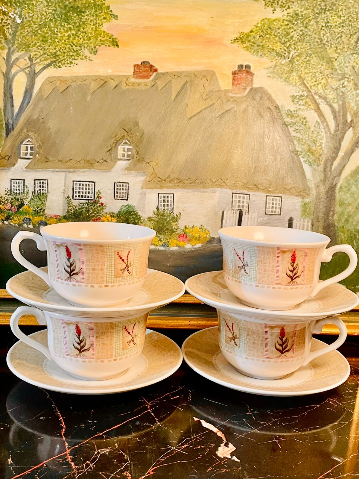 Set of 4 Ceramic Cottage Garden Cup & Saucer – Floral English Style Tea Set