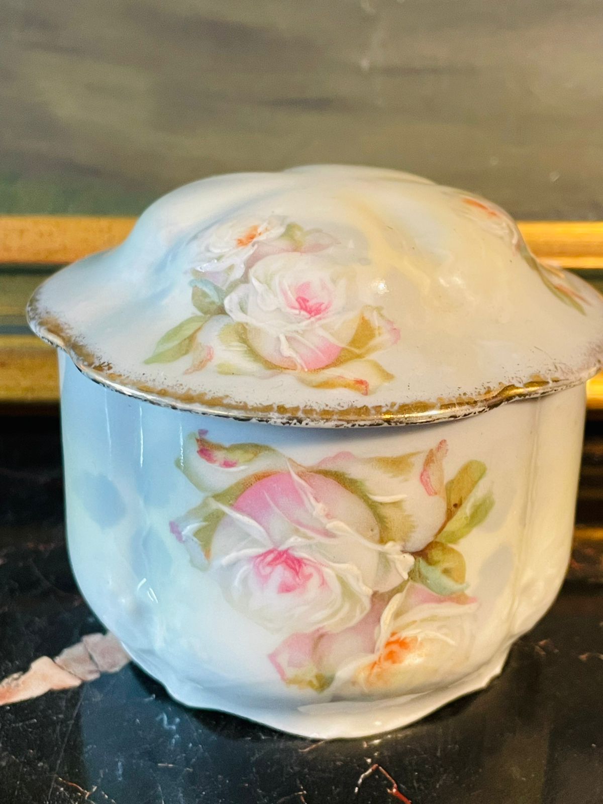 Vintage Porcelain Trinket Jar with Lid – Hand-Painted Pink Roses – 3.5 Inches