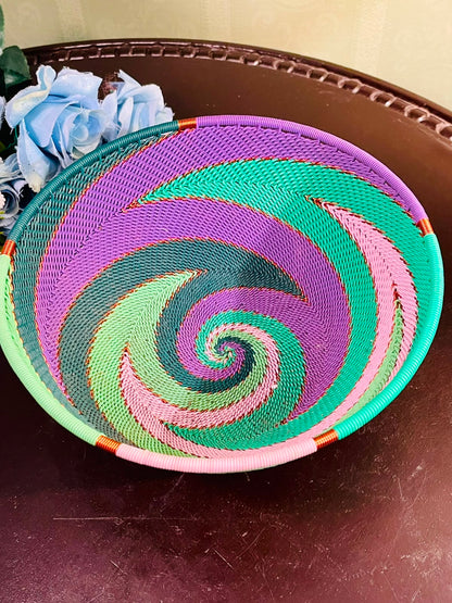 10 Inch Handwoven Decorative Basket Tray – Multicolor Spiral Woven Bowl