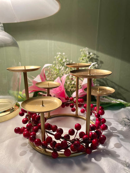 Gold 6-Arm Candle Holder with Red Berry Wreath 16 Inch