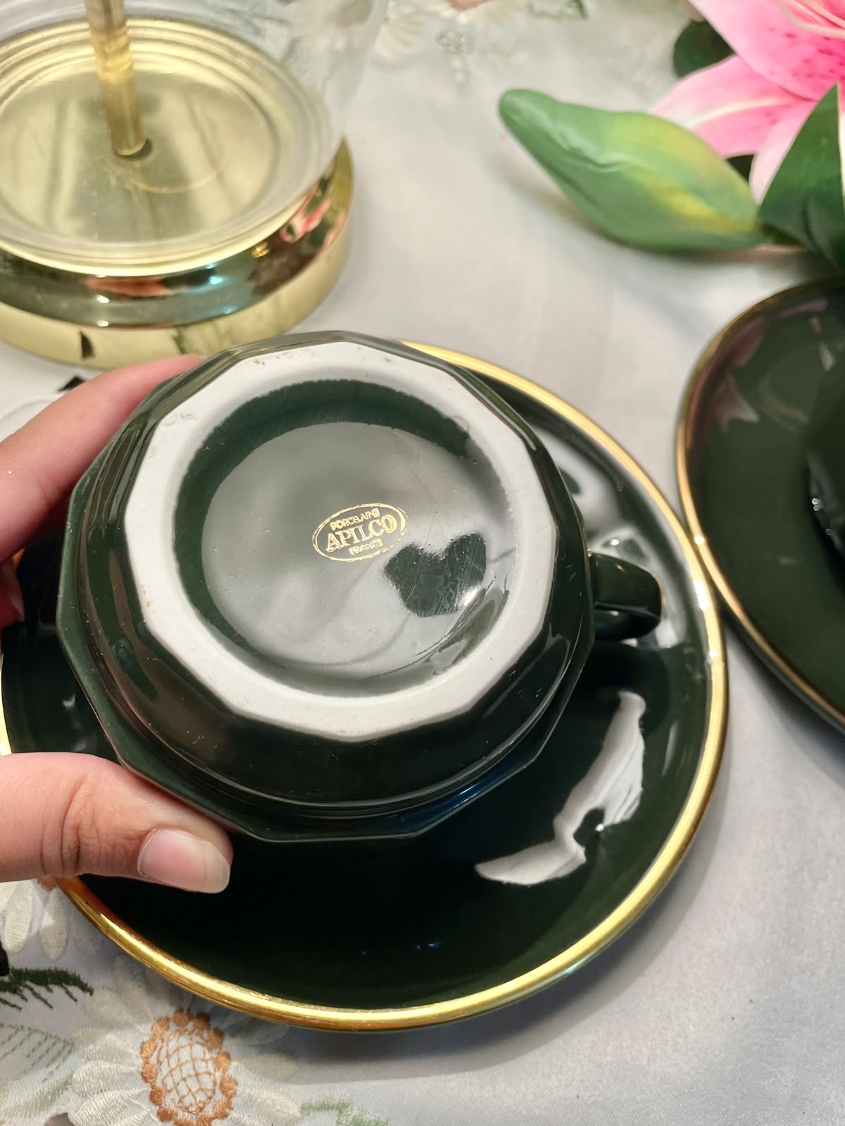 APILCO France Green & Gold Porcelain Cup & Saucer Set