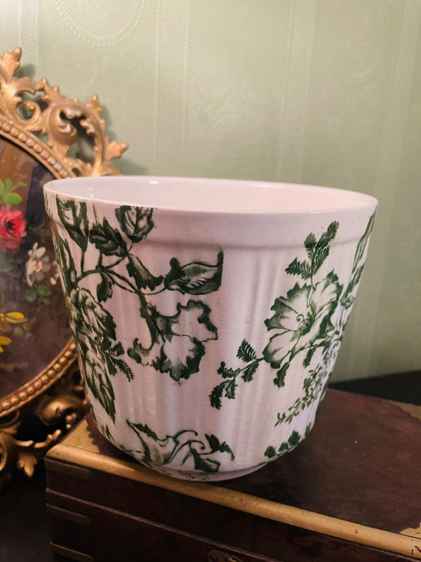 Vintage Green Floral Ceramic Planter 6 Inch Decorative Pot