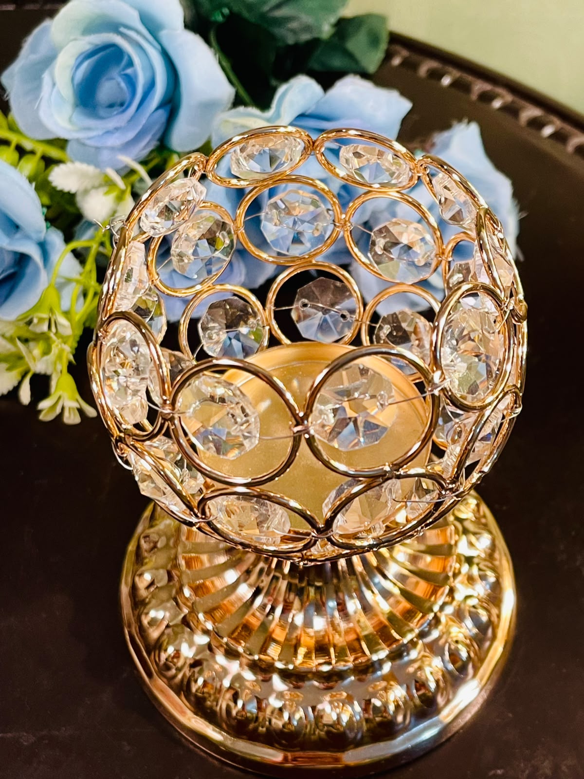 Gold Crystal Tealight Candle Holder – Decorative Metal Votive Candle Stand (5 Inch)