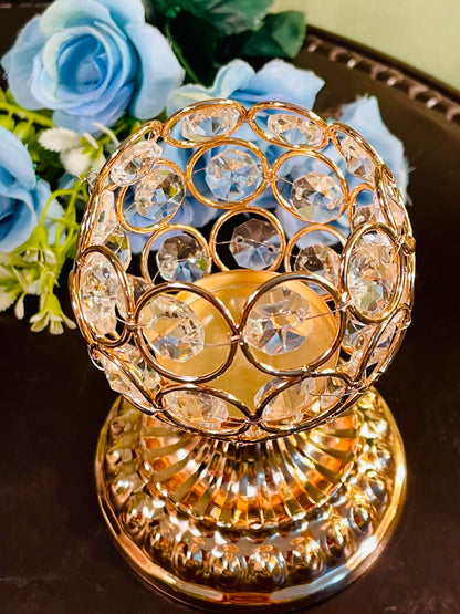 Gold Crystal Tealight Candle Holder – Decorative Metal Votive Candle Stand (5 Inch)