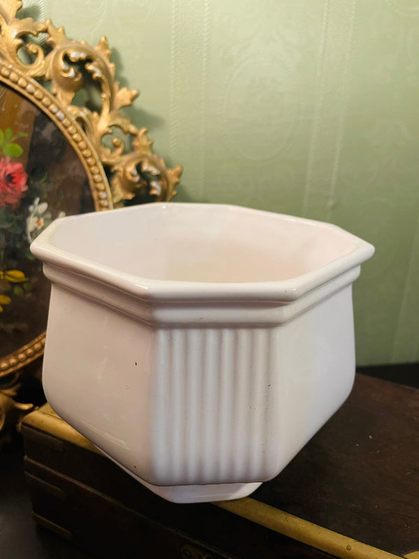 Vintage White Ceramic Hexagonal Planter Pot Decorative Cachepot