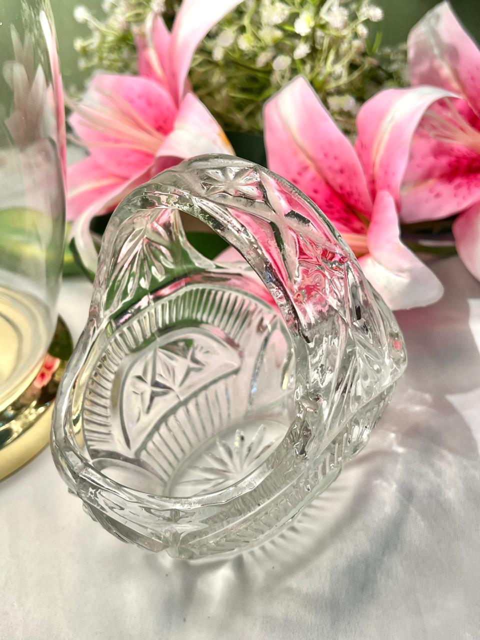 Vintage Clear Crystal Basket with Handle – 7 x 5.5 Inch