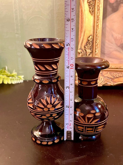 Set of 2 Vintage Brown Hand Painted Mini Vases 6 Inch