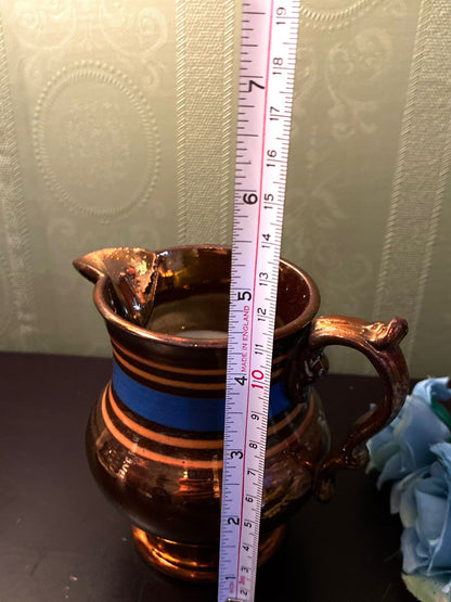 Vintage Brown Lustreware Jug Blue Stripe Ceramic Pitcher