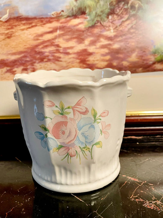 Vintage England Floral Ceramic Planter – White Glazed Pot with Pastel Flowers