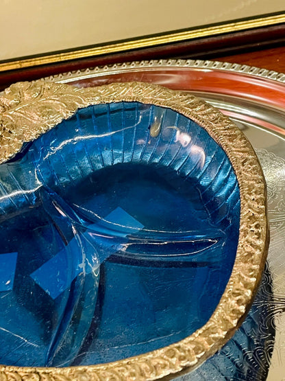 Blue Glass & Metal Leaf-Shape Divided Serving Dish, Silverware