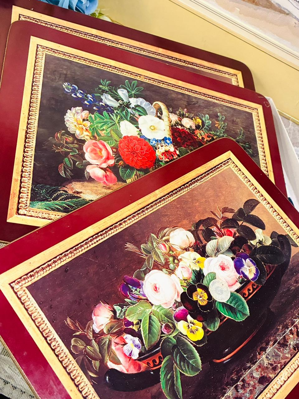 Vintage Floral Artwork Tray Set — 12in Tray + 6 Coasters + 6 Mats