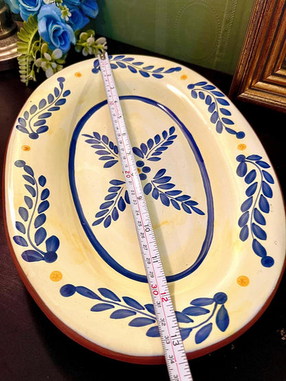 Large Oval Ceramic Serving Platter – Blue Leaf Design