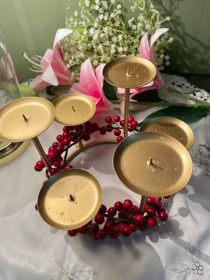 Gold 6-Arm Candle Holder with Red Berry Wreath 16 Inch