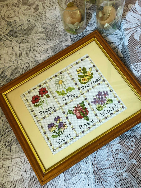 Vintage Floral Cross-Stitch Art in Wooden Frame | Wall Home Decor