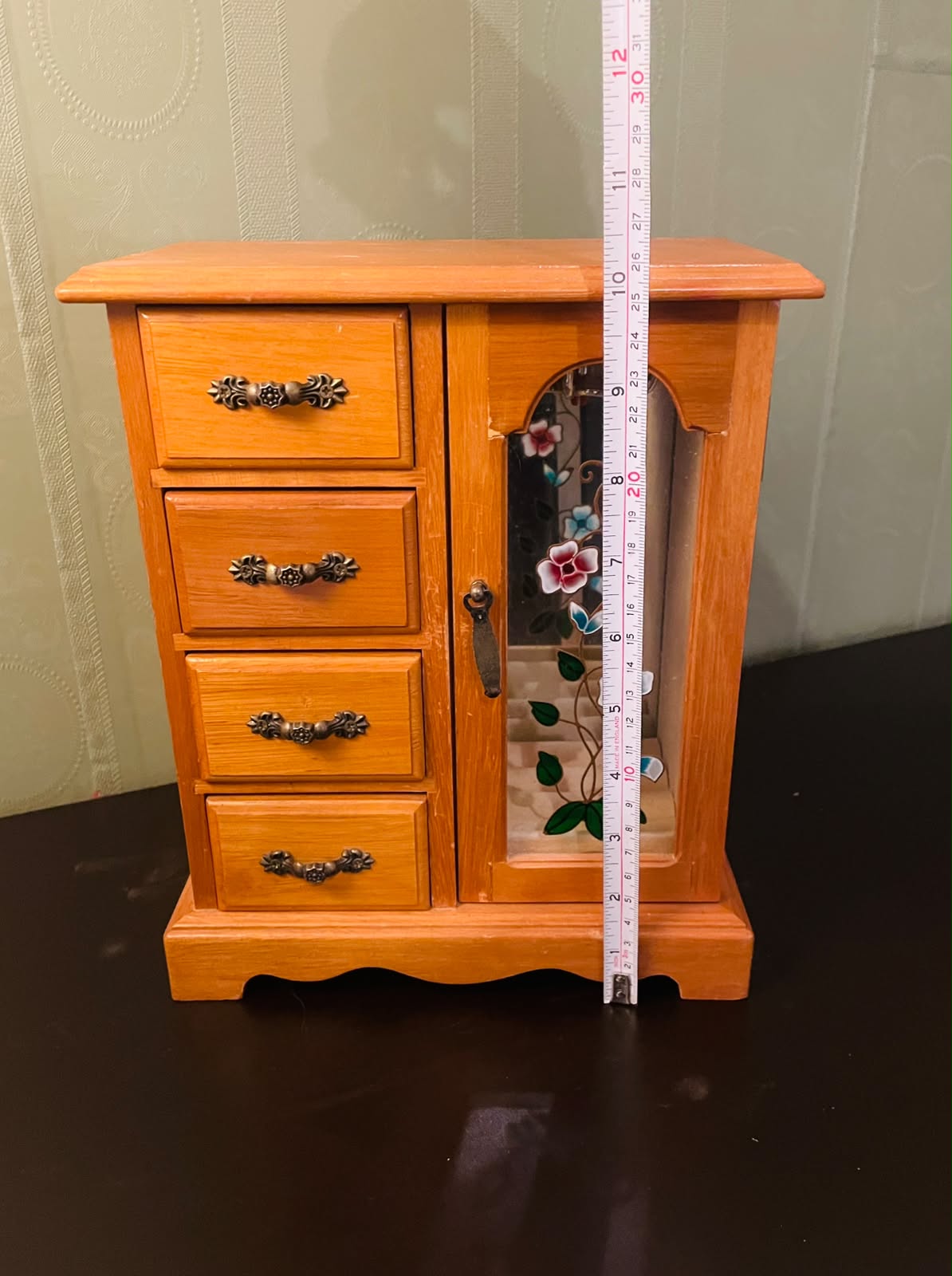Vintage Wooden Jewelry Box Cabinet with Floral Glass Door