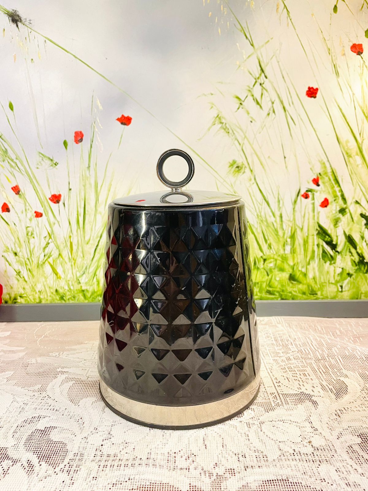 Vintage Black Ceramic Canister Set with Silver Lids