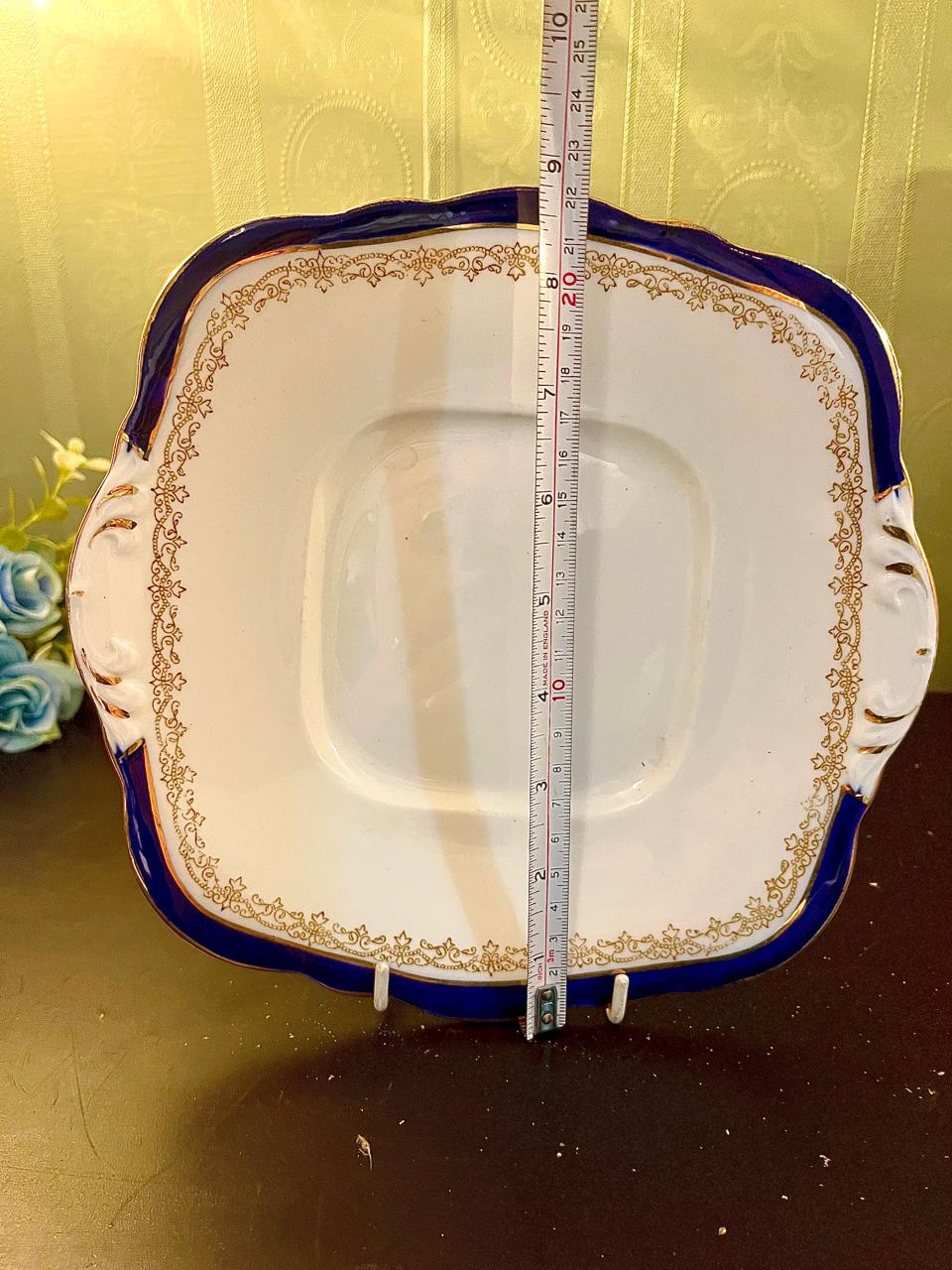 Vintage Cobalt Blue & Gold Porcelain Serving Bowl with Handles Square Vegetable Dish