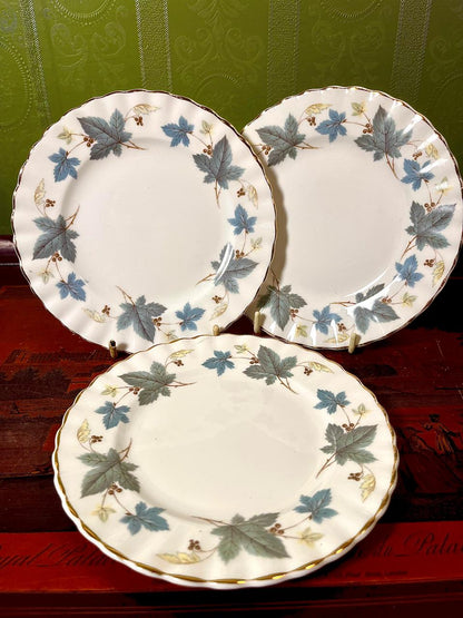 Fine Bone China Blue Maple Leaf Quarter Plates | 6 Inch | Set of 3 | Made in England