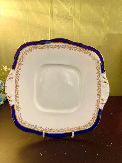 Vintage Cobalt Blue & Gold Porcelain Serving Bowl with Handles Square Vegetable Dish