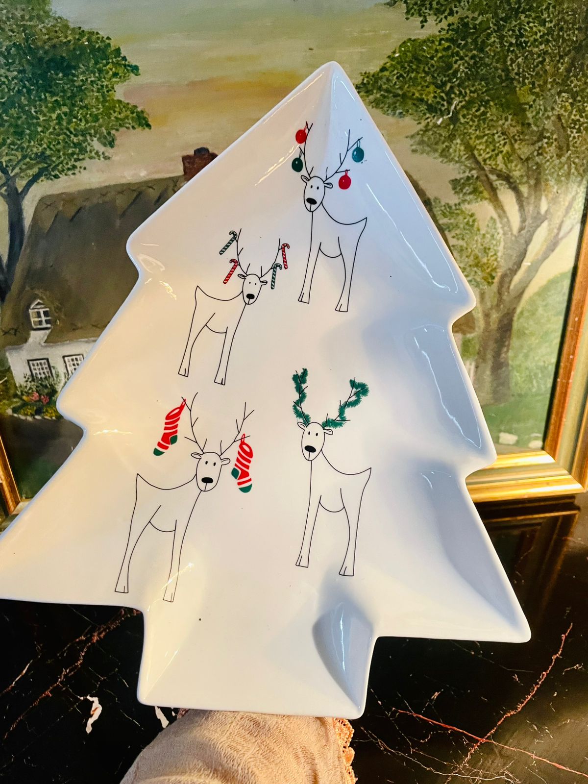 Christmas Tree Shaped Porcelain Serving Plate – Festive Reindeer Holiday Dish