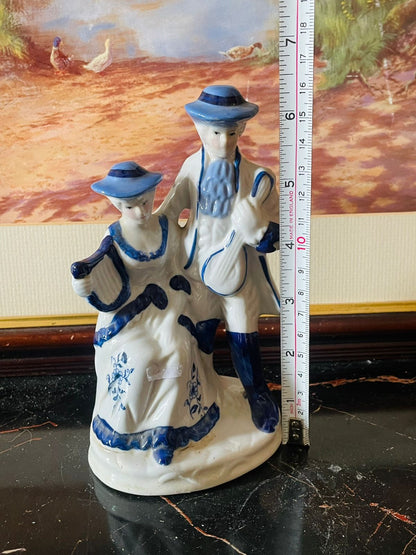 Vintage Blue and White Porcelain Colonial Couple with Musical Instruments (England) Blue Pottery Home Decor
