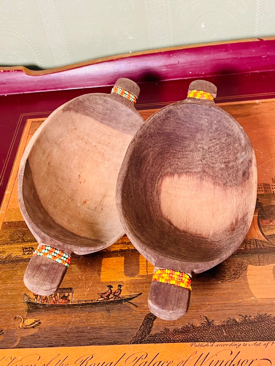 Pair of Rustic Wooden Serving Bowls with Beaded Handles – 8 Inch