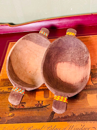 Pair of Rustic Wooden Serving Bowls with Beaded Handles – 8 Inch