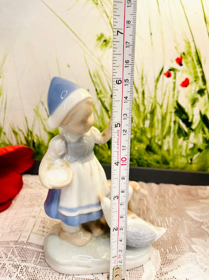 Vintage Blue & White Girl with Goose Figurine